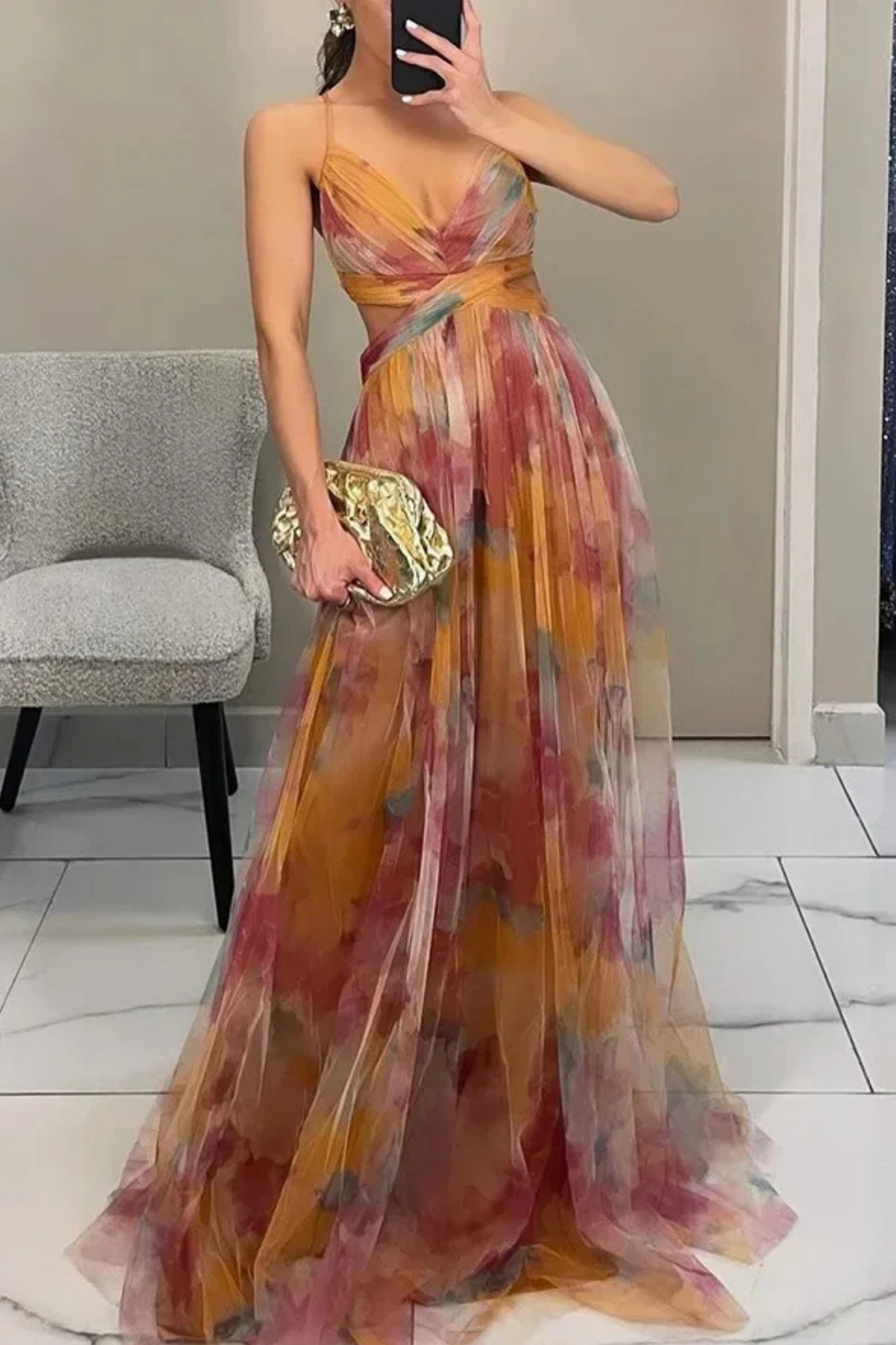 Fylaro - Luksuriøs maxi-kjole med akvarellprint