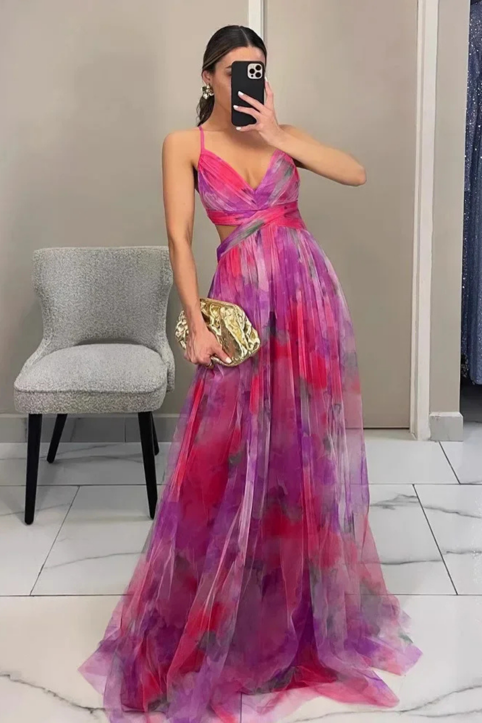 Fylaro - Luksuriøs maxi-kjole med akvarellprint