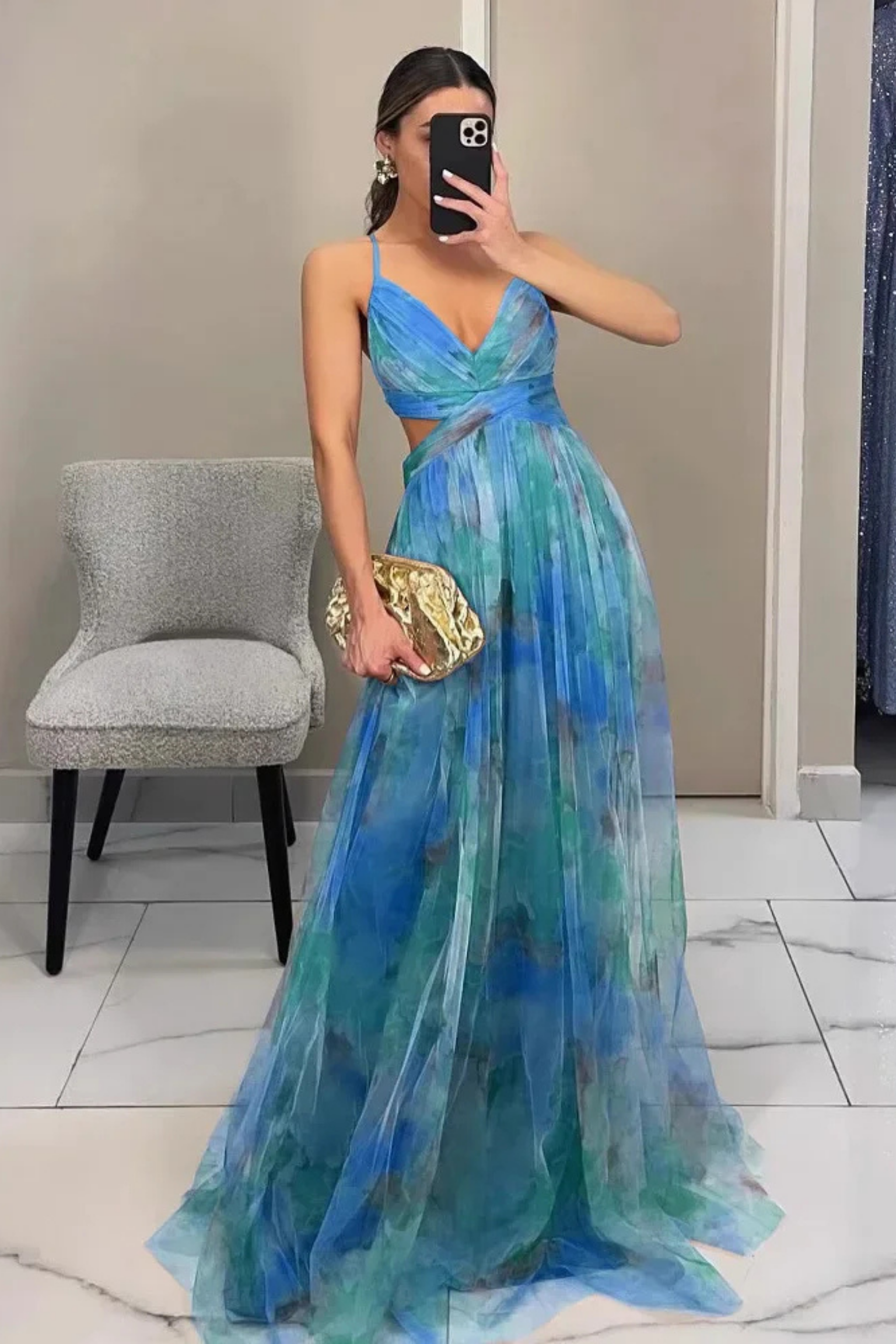 Fylaro - Luksuriøs maxi-kjole med akvarellprint